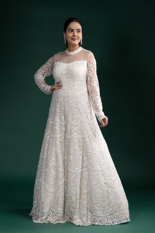 Ivory Pearl Dream Gown With Intricate Threadwork And Pearl Embellishments Paired With a Dupatta