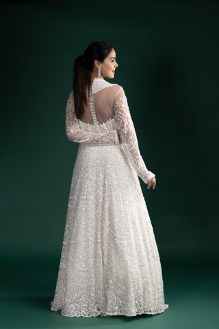 Ivory Pearl Dream Gown With Intricate Threadwork And Pearl Embellishments Paired With a Dupatta
