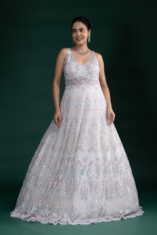 Ethereal Frosted Lilac Pink Gown With Floral Embroidery