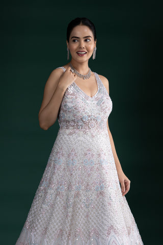 Ethereal Frosted Lilac Pink Gown With Floral Embroidery