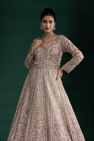 Mocha Brown Mirror Work Long Sleeve Gown