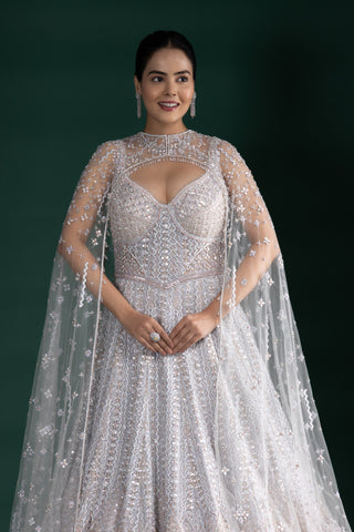 Silver Grey Cape Style Gown with Cutwork Bodice
