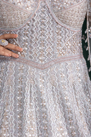 Silver Grey Cape Style Gown with Cutwork Bodice