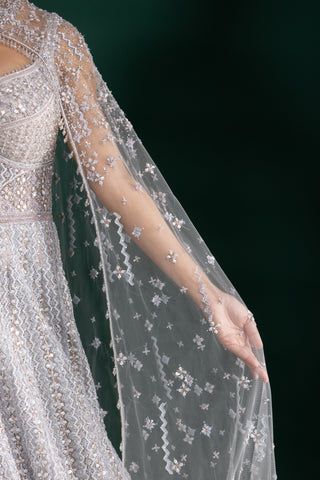 Silver Grey Cape Style Gown with Cutwork Bodice