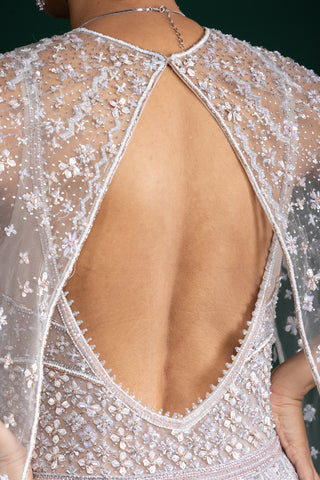 Silver Grey Cape Style Gown with Cutwork Bodice