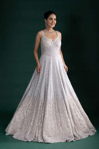 Silver Grey Cape Style Gown with Cutwork Bodice