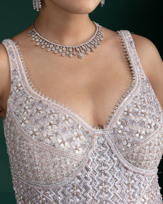 Silver Grey Cape Style Gown with Cutwork Bodice