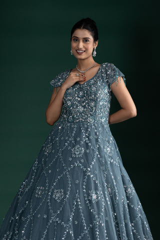 Dusty Teal Sequin Embroidered Gown
