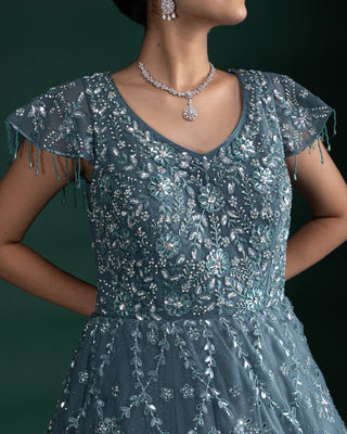 Dusty Teal Sequin Embroidered Gown