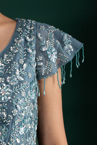 Dusty Teal Sequin Embroidered Gown