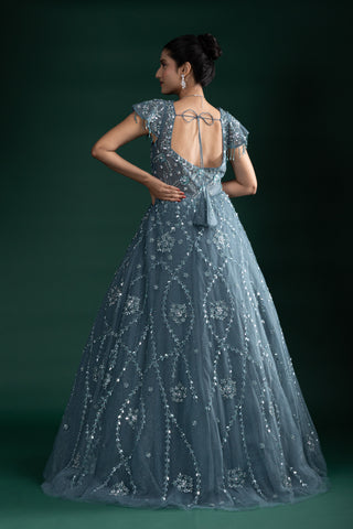 Dusty Teal Sequin Embroidered Gown