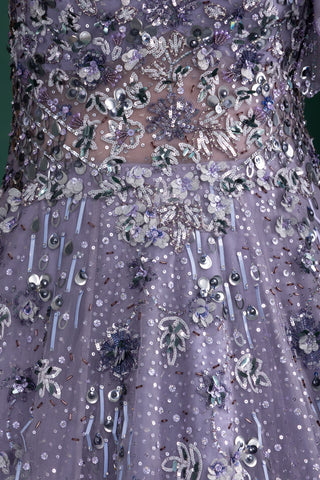 Shimmering Mystic Lavender Gown With Dramatic Shoulder Detail