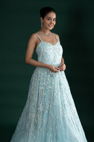 Ice Blue Crystal Embellished Gown With Draped Net Layers
