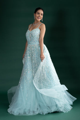 Ice Blue Crystal Embellished Gown With Draped Net Layers