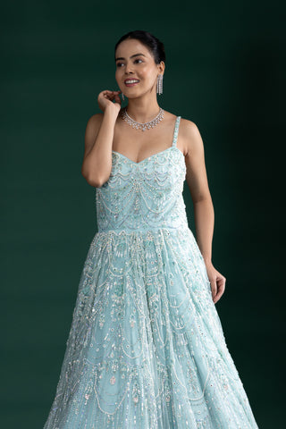 Ice Blue Crystal Embellished Gown With Draped Net Layers