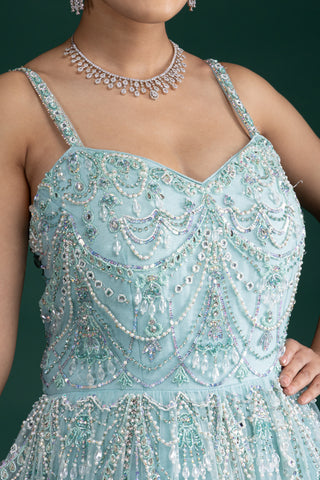 Ice Blue Crystal Embellished Gown With Draped Net Layers