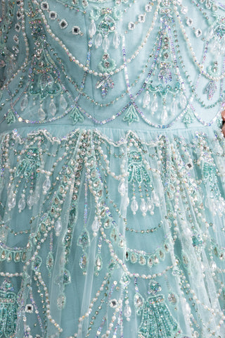 Ice Blue Crystal Embellished Gown With Draped Net Layers