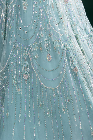 Ice Blue Crystal Embellished Gown With Draped Net Layers