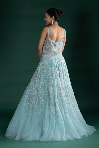 Ice Blue Crystal Embellished Gown With Draped Net Layers