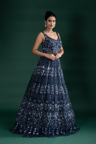 Midnight Sapphire Sequin Gown With Sheer Illusion Details