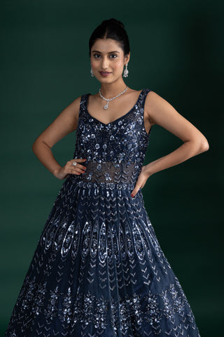 Midnight Sapphire Sequin Gown With Sheer Illusion Details