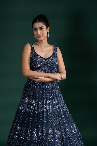 Midnight Sapphire Sequin Gown With Sheer Illusion Details
