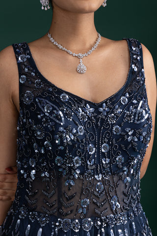 Midnight Sapphire Sequin Gown With Sheer Illusion Details