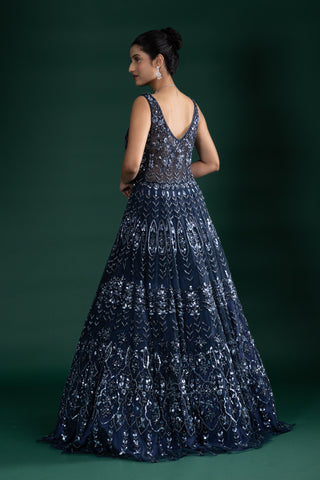 Midnight Sapphire Sequin Gown With Sheer Illusion Details
