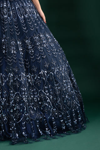Midnight Sapphire Sequin Gown With Sheer Illusion Details