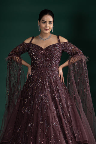 Net Merlot Cold Shoulder Gown With Feather Detailing