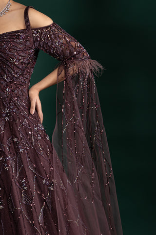 Net Merlot Cold Shoulder Gown With Feather Detailing
