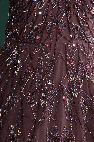 Net Merlot Cold Shoulder Gown With Feather Detailing