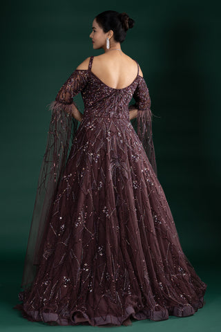 Net Merlot Cold Shoulder Gown With Feather Detailing