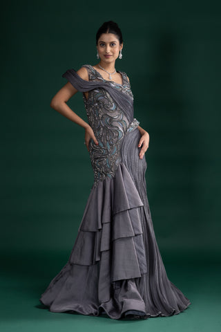 Metallic Grey Sculpted Gown