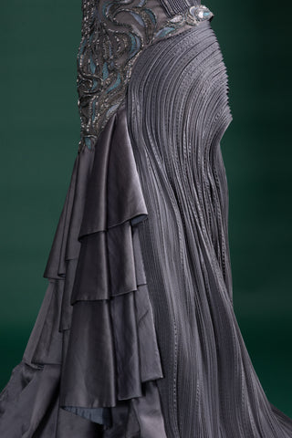 Metallic Grey Sculpted Gown
