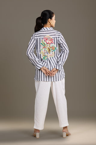 Elegant Grey and White Striped Shirt with Floral Embroidery