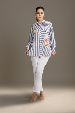 Elegant Grey and White Striped Shirt with Floral Embroidery