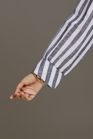 Elegant Grey and White Striped Shirt with Floral Embroidery