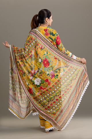 Vibrant Royal Marigold Garden Printed Kurta Set with lace & bead Work