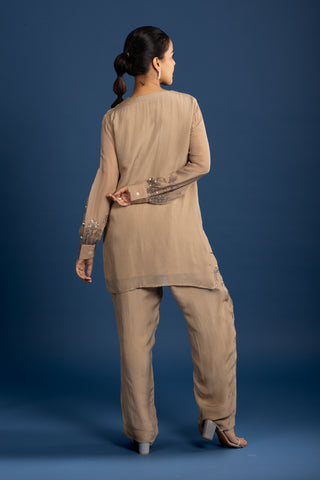 Elegant Taupe Sequin Embellished Floral Co-ord Set