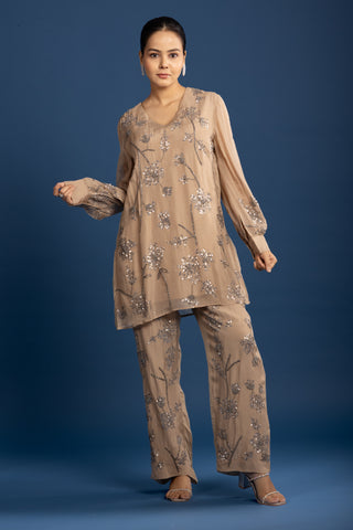 Elegant Taupe Sequin Embellished Floral Co-ord Set