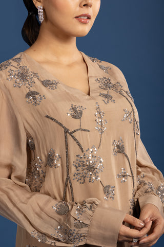 Elegant Taupe Sequin Embellished Floral Co-ord Set