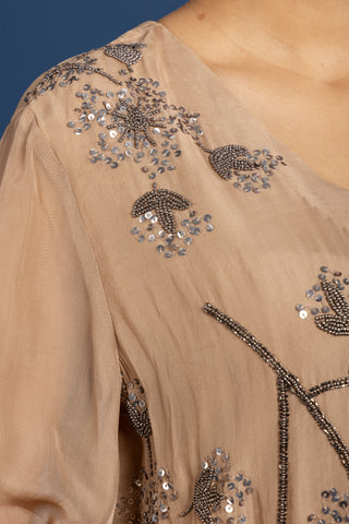 Elegant Taupe Sequin Embellished Floral Co-ord Set