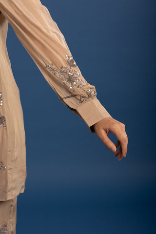 Elegant Taupe Sequin Embellished Floral Co-ord Set