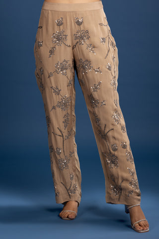 Elegant Taupe Sequin Embellished Floral Co-ord Set