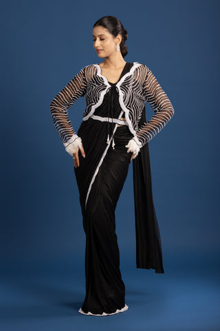 "Black Noir Saree with Delicate ivory Hand-Embroidered Cape"