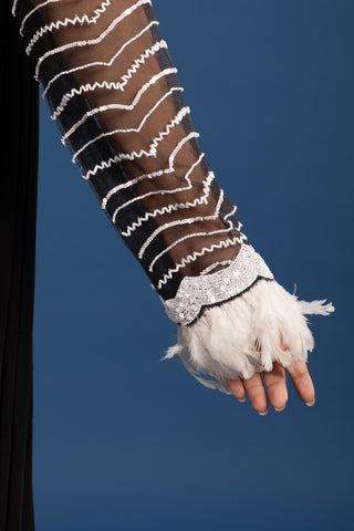 "Black Noir Saree with Delicate ivory Hand-Embroidered Cape"