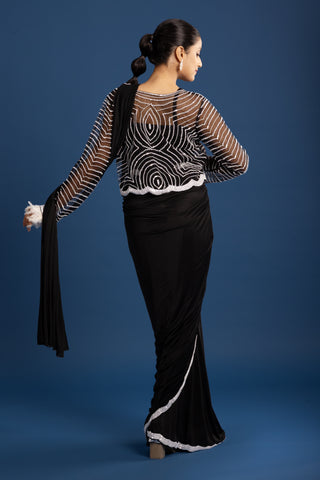 "Black Noir Saree with Delicate ivory Hand-Embroidered Cape"