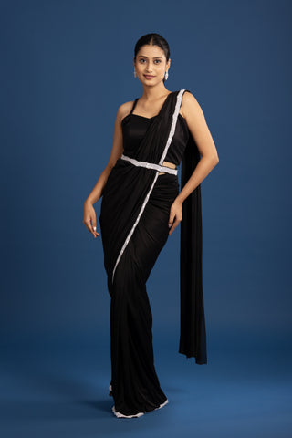 "Black Noir Saree with Delicate ivory Hand-Embroidered Cape"
