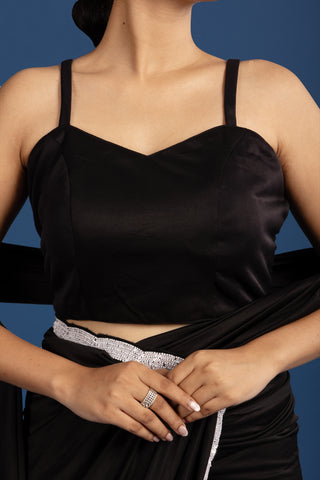 "Black Noir Saree with Delicate ivory Hand-Embroidered Cape"